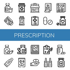 Set of prescription icons such as Syrup, Medicine, Pharmacy, Medical record, Medical report, Drug, Ointment, Pills , prescription
