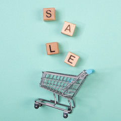 A miniature shopping cart and wooden blocks with the wordings SALE, isolated against mint...