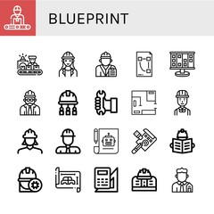 Set of blueprint icons such as Engineer, Worker, Architect, Plan, Planning, Foreman, Blueprint, Draft, Engineering, Real estate , blueprint