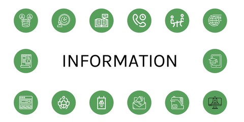 Set of information icons such as Server, Support services, Reading, Technical Support, Seesaw, Programming, Search engine, Beetle, Poster, Email, Document, Website , information