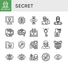 Set of secret icons such as Detective, Hacker, Lock, View, Thief, Anonymous, Carnival mask, Access, Key, Security agent , secret