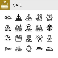 Set of sail icons such as Caravel, Motorboat, Sailing boat, Sailboat, Pirate ship, Captain, Boat, Rudder, Wave, Shipping, Inflatable boat, Sailor, Cruise, Yacht , sail