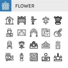 Set of flower icons such as Macrame, Eco, Plant, Hula, Fleur de lis, Cactus, Gardener, Wedding certificate, Wedding arch, Wedding invitation, Herbal, Bridesmaids, Flower bouquet , flower