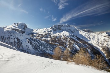 Fototapeta na wymiar Winter mountain landscape beautiful view sunny blue sky, high mountains