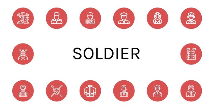 Set of soldier icons such as Camouflage, Military, Soldier, Policeman, Knight, Spear, Firefighter uniform, Viking, Bulletproof vest , soldier