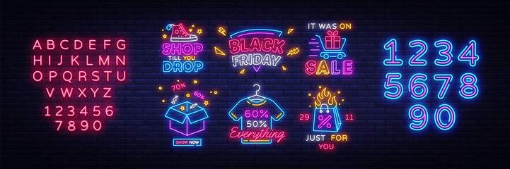 Big set Black Friday Neon Signs. Black Friday Vector illustration discount sale concept in neon style, online shopping and marketing concept. Luminous signboard. Editing text neon sign © Ivan