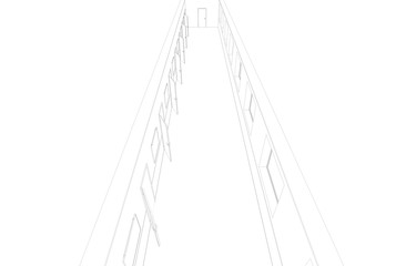 long corridor with doors, contour visualization, 3D illustration, sketch, outline