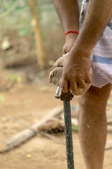 Man open coconut shell by old knife