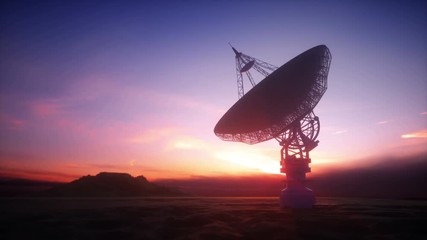 Huge satellite antenna dish for communication and signal reception out of the planet Earth. Observatory searching for radio signal in space at sunset. 3D illustration.