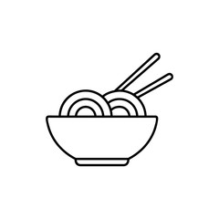 Noodles bowl black line vector icon. Flat black line vector icon for portion noodles with two chopsticks on white background.
