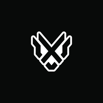 Initial letter XV or VX logo template with fox head line art symbol in flat design monogram illustration