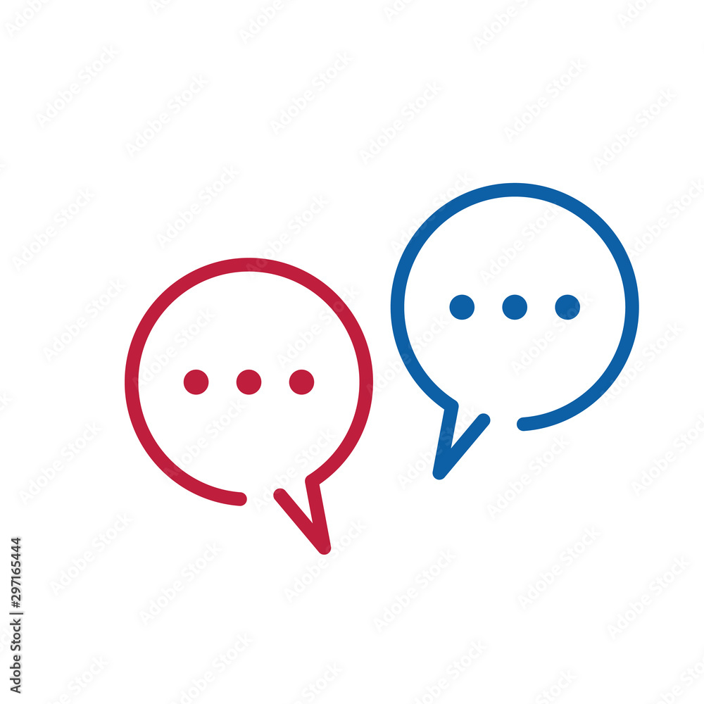 Poster two linear dialog chat speech bubbles with three dots in red and blue colors. stock vector illustrat
