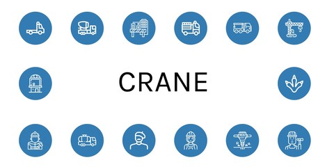 Set of crane icons such as Tow truck, Mixer truck, Construction site, Fire truck, Crane Crane, Builder, Tank Painter, Jackhammer, Claw machine, Claws ,