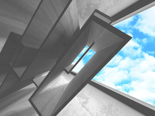 Concrete room wall construction on cloudy sky background