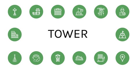 Set of tower icons such as Space needle, Belem tower, Brandenburg gate, Oil well, Las vegas, Lifeguard, Kremlin, Water tower, Sydney opera house, Fuel, Airport, Coliseum ,