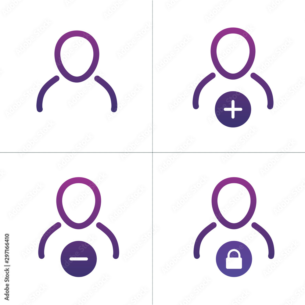 Poster user universal icon set, line version, outline profile set. set includes icons as contact add, delet