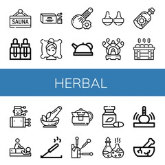 Set of herbal icons such as Sauna, Essential oils, Tea bag, Spa, Herbal, Teapot, Massage, Incense burner, Essential oil, Acupuncture, Herb, Incense, Mortar , herbal