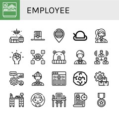Set of employee icons such as Counter, Lobby, Hat, Pride, Clerk, Motivation, Skill, Entrepeneur, Group, Skills, Manager, Resume, Wheel, Management, Desk, Man, Time management , employee