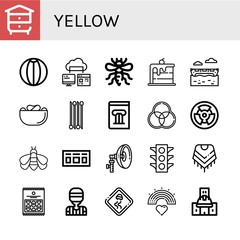 Set of yellow icons such as Beehive, Beach ball, Computer storage, Bee, Rainbow, Banana boat, Crisps, Onion, History book, Rgb, Radioactive, Bumblebee, Scoreboard, Flash , yellow
