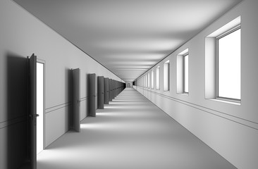 Obraz premium long corridor with doors, interior visualization, 3D illustration