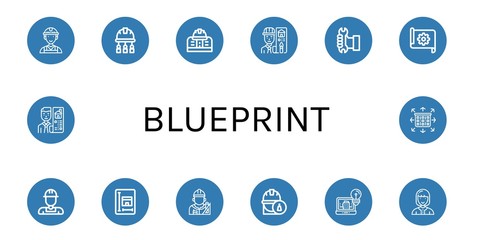 Set of blueprint icons such as Worker, Engineer, Engineering, Architect, Blueprint, Architecture, Technician, Real estate, Planning , blueprint