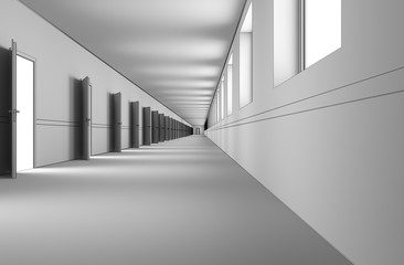 Fototapeta na wymiar long corridor with doors, interior visualization, 3D illustration