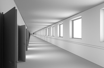 long corridor with doors, interior visualization, 3D illustration