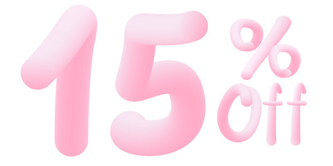 15% off Numbers made of chewing gum for design selling poster / banner promotion . Bubble Gum text. Isolated on white background. Vector 3d font . Discount tag , advertising , special offer .