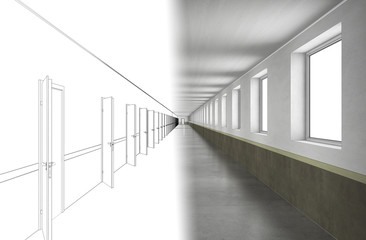 long corridor with doors, interior visualization, 3D illustration