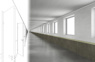 long corridor with doors, interior visualization, 3D illustration