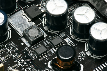 printed circuit board and microchip, or cpu closeup - electronic component for digital equipment,...
