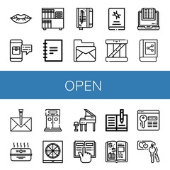 Set of open icons such as Lips, Package, Book, Notebook, Email, Box, Ebook, Envelope, Cardboard box, Entrance, Pizza box, Grand piano, Reading, Finance book, Password, Key , open