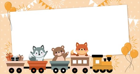 Cute baby animals on a rolling train with rectangular frame, wolf, bear and fox. Template, banner for baby shower, mailing, invitation, greeting cards…