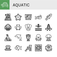 Set of aquatic icons such as Turtle, Waterpark, Starfish, Fish tank, Fish, Trout, Shell, Frog, Shellfish, Dolphin, Cod, Octopus, Jellyfish, Mackerel , aquatic