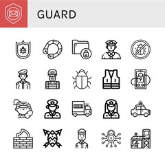 Set of guard icons such as Shield, Antivirus, Life saver, Secure, Cop, Soldier, Vest, Security, Lifeguard, Policeman, Prisoner transport vehicle, Policewoman, Police car , guard