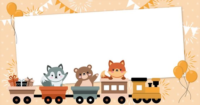 Cute baby animals on a rolling train with rectangular frame, wolf, bear and fox. Template, banner for baby shower, mailing, invitation, greeting cards&hellip;