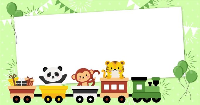 Cute baby animals on a rolling train with rectangular frame, panda, monkey and tiger. Template, banner for baby shower, mailing, invitation, greeting cards&hellip;