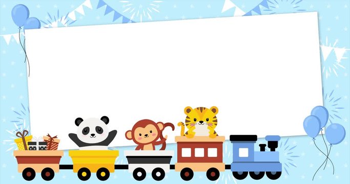 Cute baby animals on a rolling train with rectangular frame, panda, monkey and tiger. Template, banner for baby shower, mailing, invitation, greeting cards&hellip;