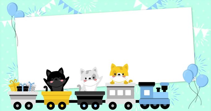 Cute baby kittens on a rolling train with rectangular frame. Template, banner for baby shower, mailing, invitation, greeting cards…