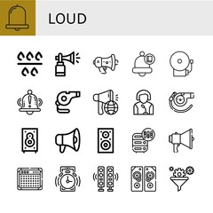 Fototapeta premium Set of loud icons such as Bell, Filter, Horn, Megaphone, School bell, Whistle, Speaker, Adjustment, Amplifier, Alarm, Speakers, Sound system , loud