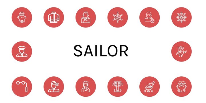 Set of sailor icons such as Sailor, Firefighter uniform, Helm, Pirate, Binoculars, Bollard, Ship in a bottle, Captain , sailor
