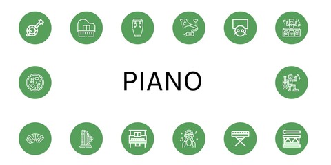 Set of piano icons such as Banjo, Piano, Conga, Gramophone, Drums, DJ, Accordion, Harp, Drum, Music , piano