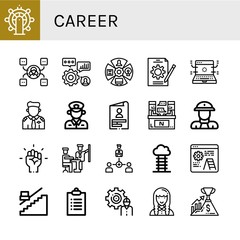 Set of career icons such as Leadership, Skill, Skills, Role, Job, Development, Pilot, Policeman, Interview, Fireman, Motivation, Collaboration, Goal, Stair, Goals, Developer , career