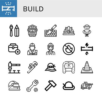 Set of build icons such as Broken pipe, Paint tools, Helmet, Trowel, Hard hat, Hat, Toolbox, Builder, No fire allowed, Hammer, Pipe wrench, Traffic cone, Wrench, Dump truck , build