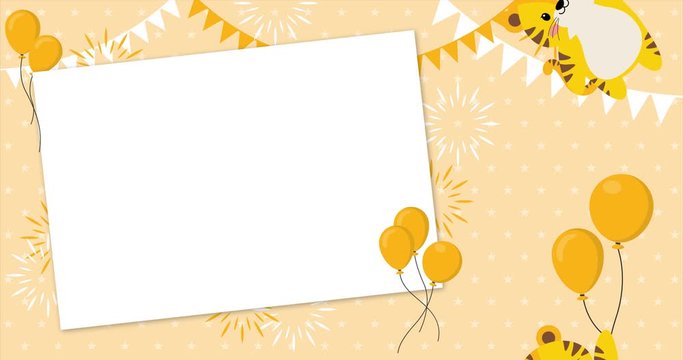 Cute baby tiger flying in the sky with rectangular frame, between colorful balloons, animation made in 4K cartoon vector design. Template, banner for baby shower, mailing, invitation, greeting cards&hellip;