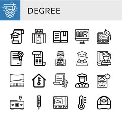 Set of degree icons such as Mortarboard, Graduation, Freezer, Certificate, Student, Graduate, Panorama, Temperature, Graduated, Thermometer, Cap , degree