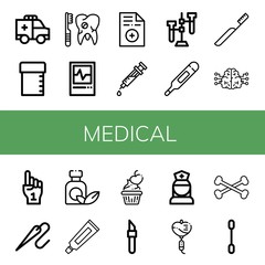 Set of medical icons such as Ambulance, Sample tube, Broken tooth, Ecg, Prescription, Syringe, Test tube, Thermometer, Toothbrush, Brain, Foam hand, Needle, Medicine , medical