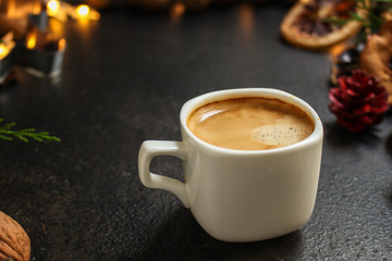 coffee, New Year, Christmas background or Noel holiday festive (nuts, specials, decorations and gifts on the table, greeting card) menu concept. food background. copy space. Top view