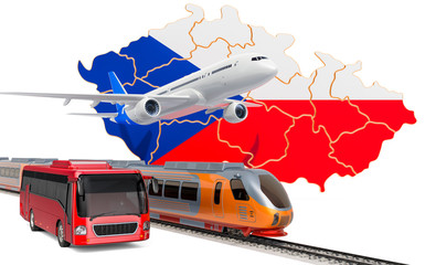 Passenger transportation in Czech Republic by buses, trains and airplanes, concept. 3D rendering