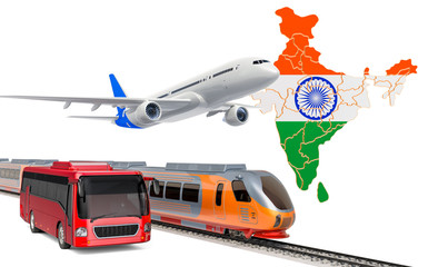 Passenger transportation in India by buses, trains and airplanes, concept. 3D rendering